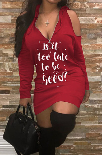Casual Sexy Cotton Blend Letter Printed Long Sleeve Off Shoulder Slim Fitting Hoodie Hiip Dress LM88837