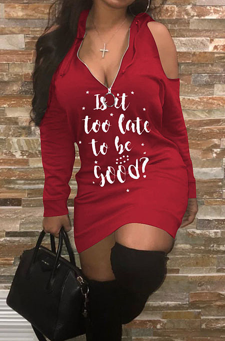 Casual Sexy Cotton Blend Letter Printed Long Sleeve Off Shoulder Slim Fitting Hoodie Hiip Dress LM88837