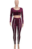 Euramerican Women Casual Zipper Round Collar Short Crop Long Pants Reflective Tape Two Pieces SN390263