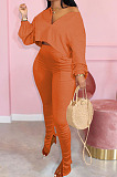 Simple New Women Long Sleeve V Neck Tops Ruffle Slit Pants Solid Color Casual Sets OMY80086