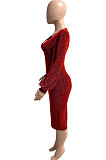 Euramerican Women Long Sleeve V Collar Gold Stamp Bodycon Hip Sexy Midi Dress Q8029