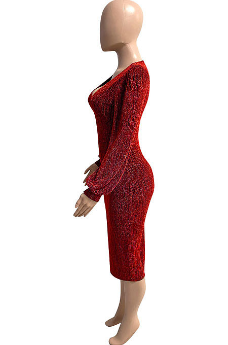Euramerican Women Long Sleeve V Collar Gold Stamp Bodycon Hip Sexy Midi Dress Q8029