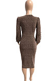 Euramerican Women Long Sleeve V Collar Gold Stamp Bodycon Hip Sexy Midi Dress Q8029