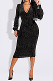 Euramerican Women Long Sleeve V Collar Gold Stamp Bodycon Hip Sexy Midi Dress Q8029