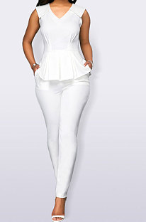 Women Sleeveless Spring Summer V Collar Flounce Solid Color Bodycon Jumpsuits Q8017