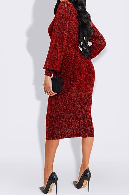 Euramerican Women Long Sleeve V Collar Gold Stamp Bodycon Hip Sexy Midi Dress Q8029