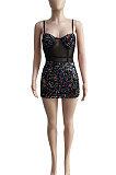 Euramerican Women Velvet Sequins Perspectivity Condole Belt Sexy Mini Dress Q8025