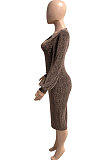 Euramerican Women Long Sleeve V Collar Gold Stamp Bodycon Hip Sexy Midi Dress Q8029