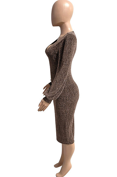 Euramerican Women Long Sleeve V Collar Gold Stamp Bodycon Hip Sexy Midi Dress Q8029
