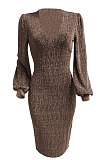 Euramerican Women Long Sleeve V Collar Gold Stamp Bodycon Hip Sexy Midi Dress Q8029
