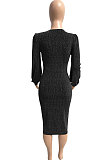 Euramerican Women Long Sleeve V Collar Gold Stamp Bodycon Hip Sexy Midi Dress Q8029