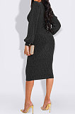 Euramerican Women Long Sleeve V Collar Gold Stamp Bodycon Hip Sexy Midi Dress Q8029