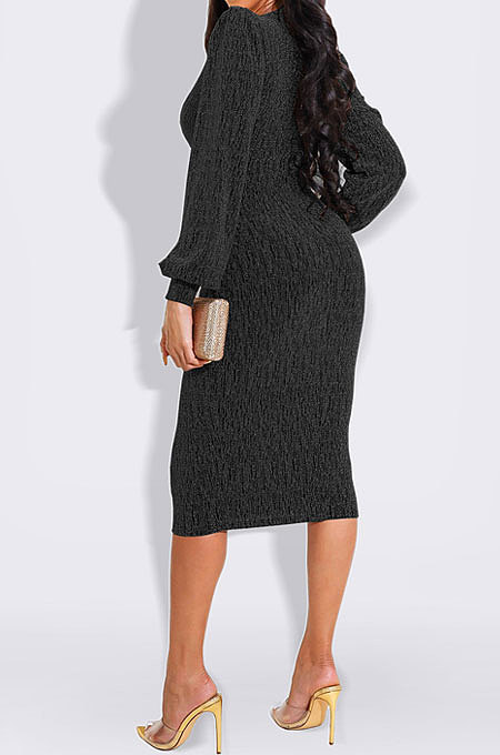Euramerican Women Long Sleeve V Collar Gold Stamp Bodycon Hip Sexy Midi Dress Q8029