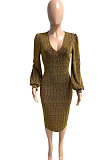 Euramerican Women Long Sleeve V Collar Gold Stamp Bodycon Hip Sexy Midi Dress Q8029