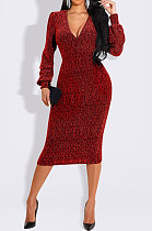 Euramerican Women Long Sleeve V Collar Gold Stamp Bodycon Hip Sexy Midi Dress Q8029