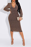 Euramerican Women Long Sleeve V Collar Gold Stamp Bodycon Hip Sexy Midi Dress Q8029