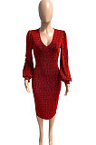Euramerican Women Long Sleeve V Collar Gold Stamp Bodycon Hip Sexy Midi Dress Q8029