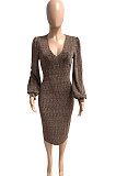 Euramerican Women Long Sleeve V Collar Gold Stamp Bodycon Hip Sexy Midi Dress Q8029