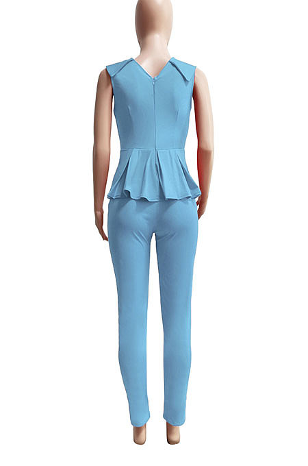 Women Sleeveless Spring Summer V Collar Flounce Solid Color Bodycon Jumpsuits Q8017