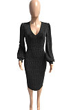 Euramerican Women Long Sleeve V Collar Gold Stamp Bodycon Hip Sexy Midi Dress Q8029