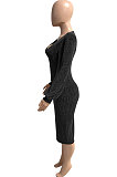 Euramerican Women Long Sleeve V Collar Gold Stamp Bodycon Hip Sexy Midi Dress Q8029