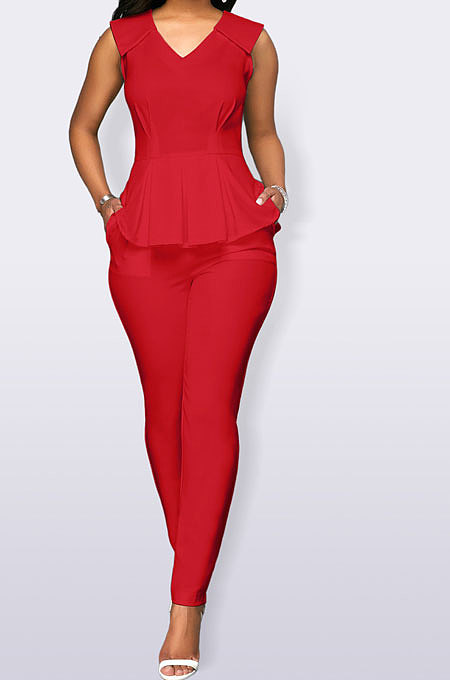 Women Sleeveless Spring Summer V Collar Flounce Solid Color Bodycon Jumpsuits Q8017