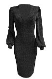 Euramerican Women Long Sleeve V Collar Gold Stamp Bodycon Hip Sexy Midi Dress Q8029