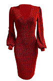 Euramerican Women Long Sleeve V Collar Gold Stamp Bodycon Hip Sexy Midi Dress Q8029