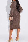 Euramerican Women Long Sleeve V Collar Gold Stamp Bodycon Hip Sexy Midi Dress Q8029