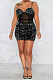 Euramerican Women Velvet Sequins Perspectivity Condole Belt Sexy Mini Dress Q8025