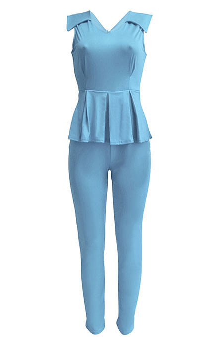 Women Sleeveless Spring Summer V Collar Flounce Solid Color Bodycon Jumpsuits Q8017