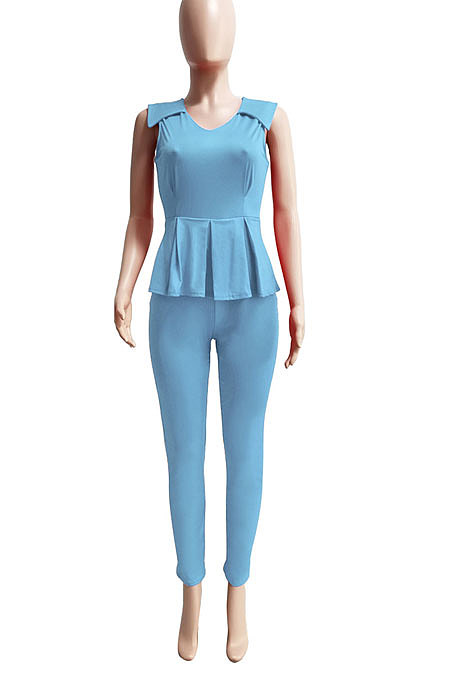 Women Sleeveless Spring Summer V Collar Flounce Solid Color Bodycon Jumpsuits Q8017