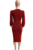 Euramerican Women Long Sleeve V Collar Gold Stamp Bodycon Hip Sexy Midi Dress Q8029