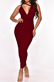 Women V Collar Hip Pure Color Bandage Sexy Backless Ruffle Long Dress MY10056