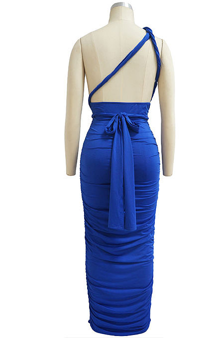 Women V Collar Hip Pure Color Bandage Sexy Backless Ruffle Long Dress MY10056