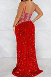 Fashion Club Bling Bling Sequins Perspectivity Sexy Condole Belt Irregular Slit Dress XZ5596