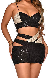 Fashion Sexy Condole Belt Strapless Color Matching Hollow Out Hip Sequins Mini Dress CCY9642