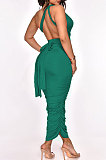 Women V Collar Hip Pure Color Bandage Sexy Backless Ruffle Long Dress MY10056