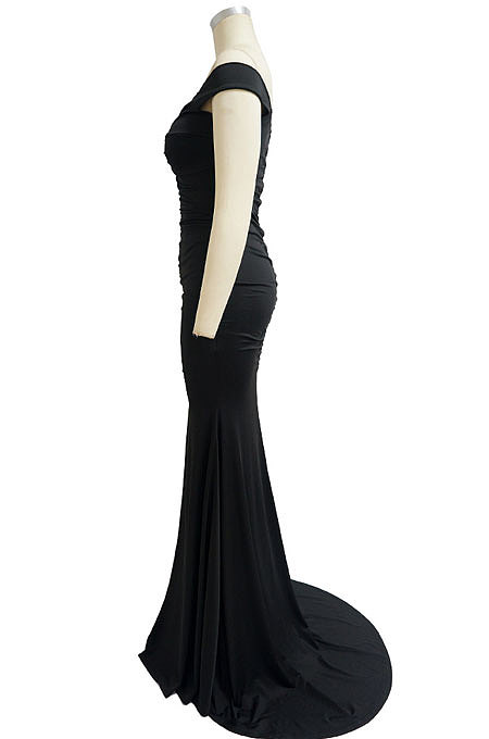 Women Spring Summer V Collar A Word Shoulder Solid Color Hip Split Ruffle Long Dress MY10062