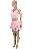 Wholesale Cute Women Sleeveless Ruffle Dew Wasit Tank Mini Skirts Solid Color Sets SM9229