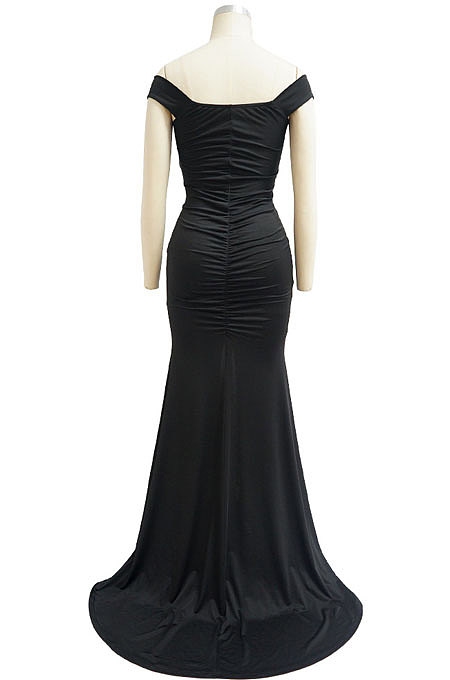 Women Spring Summer V Collar A Word Shoulder Solid Color Hip Split Ruffle Long Dress MY10062