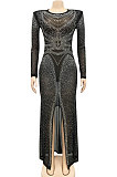 Euramerican Fashion Club Bling Bling Mesh Spaghetti Women Perspectivity Long Sleeve Split Long Dress XZ5595