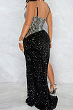 Fashion Club Bling Bling Sequins Perspectivity Sexy Condole Belt Irregular Slit Dress XZ5596