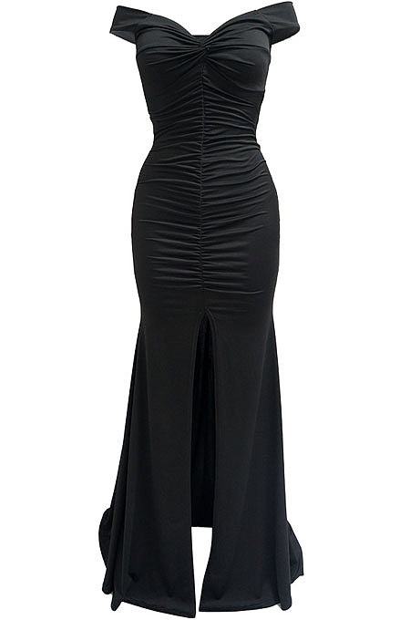 Women Spring Summer V Collar A Word Shoulder Solid Color Hip Split Ruffle Long Dress MY10062