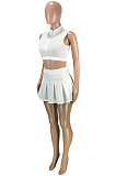 Wholesale Cute Women Sleeveless Ruffle Dew Wasit Tank Mini Skirts Solid Color Sets SM9229