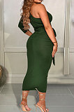 Spring Summer Women One Shoulder Solid Color High Waist Midi Dress MY10055