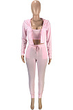 Women Fashion Pure Color Hoodie Coat +Tank Strapless Jogger Pants Casual Three Piece Sets SM9228