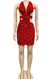 Euramerican Women Sequins Trendy Pure Color Halter Neck Hollow Out Collect Waist Mini Dress XZ5609