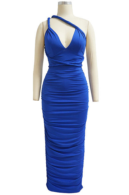 Women V Collar Hip Pure Color Bandage Sexy Backless Ruffle Long Dress MY10056