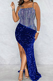 Fashion Club Bling Bling Sequins Perspectivity Sexy Condole Belt Irregular Slit Dress XZ5596